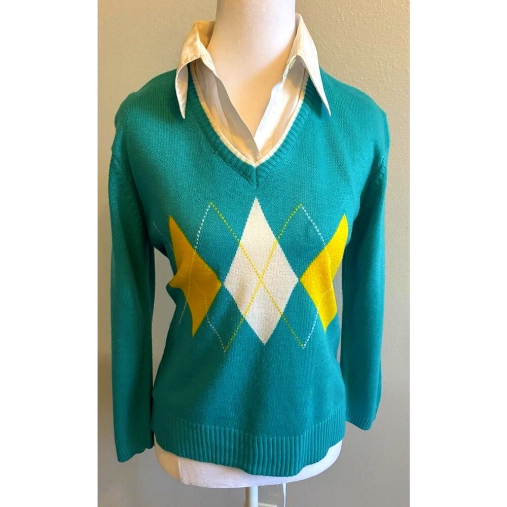 Y2K 90s Preppy Academia Argyle Sweater Faux Layered Look Teal Yellow Clueless S